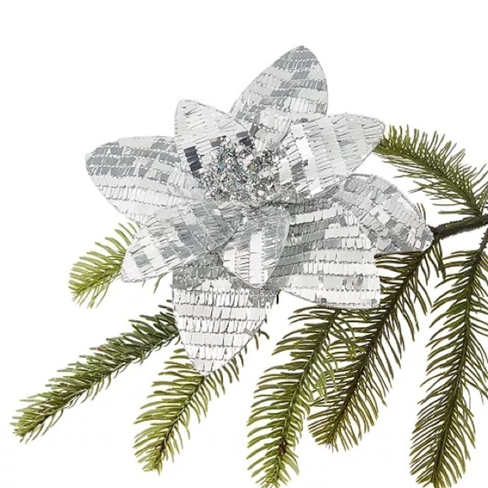 Holiday Lane Crystal Elegance Silver Sequin Flower Clip-On Ornaments Set of 9